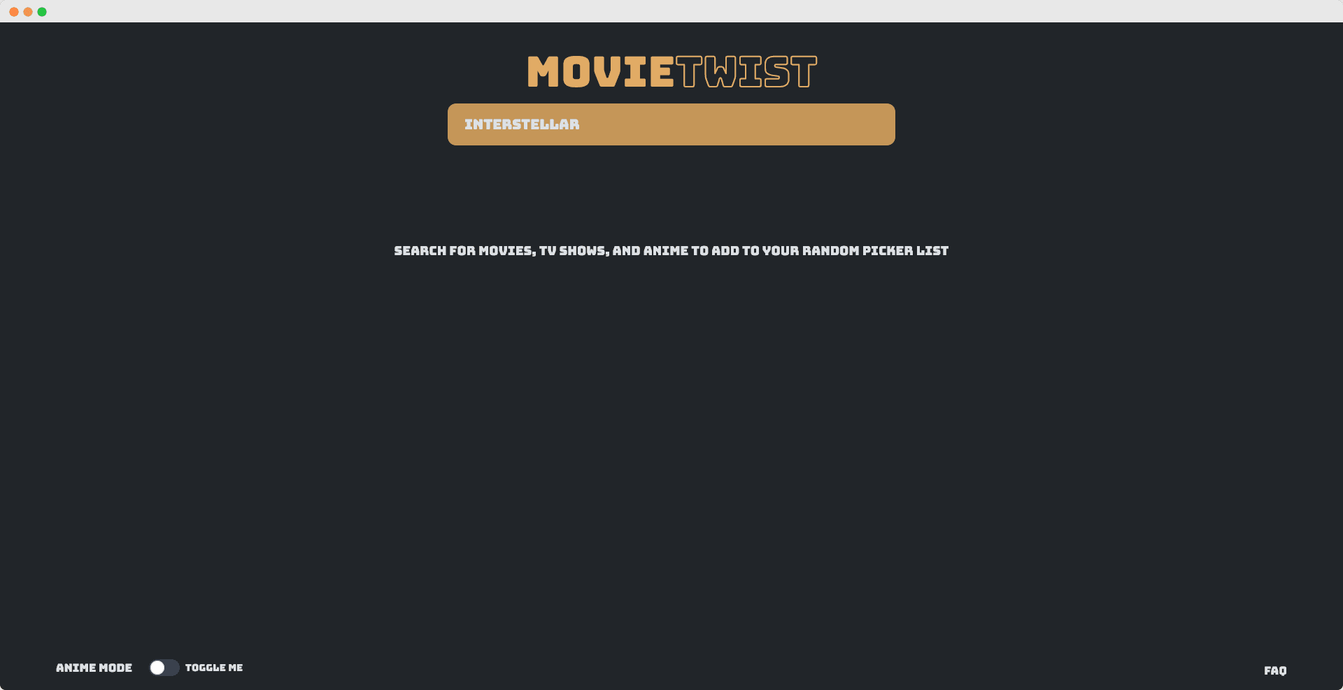 MovieTwist movie search, with Interstellar in the search field.